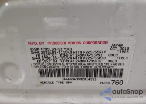 2016 Mitsubishi Outlander Se из США, поврежденный, VIN JA4AD3A30GZ014533